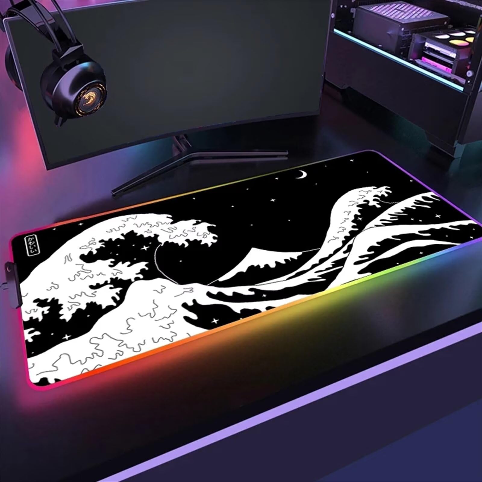 Tappetino per Mouse RGB XXL Grande Tappetino per Mouse da Gioco LED Onda Nera 900x400x4mm con 14 Modalità di Illuminazione e Base in Gomma Antiscivolo per Giochi Lavoro e Studio