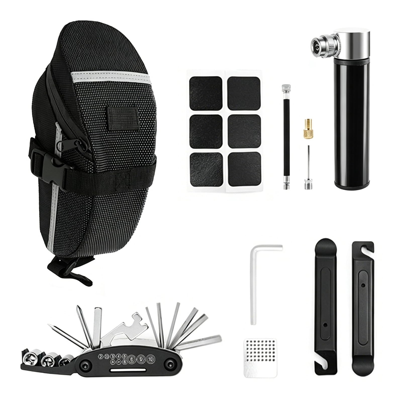 16-in-1 Bike Multi-Tool, All-in-One Bicycle Repair Kit with Allen Keys, Screwdrivers & Spoke Wrench, Lightweight Portable Mountain Bike Tool for On-The-Go Repairs (Tool Kit & Tire Pump)