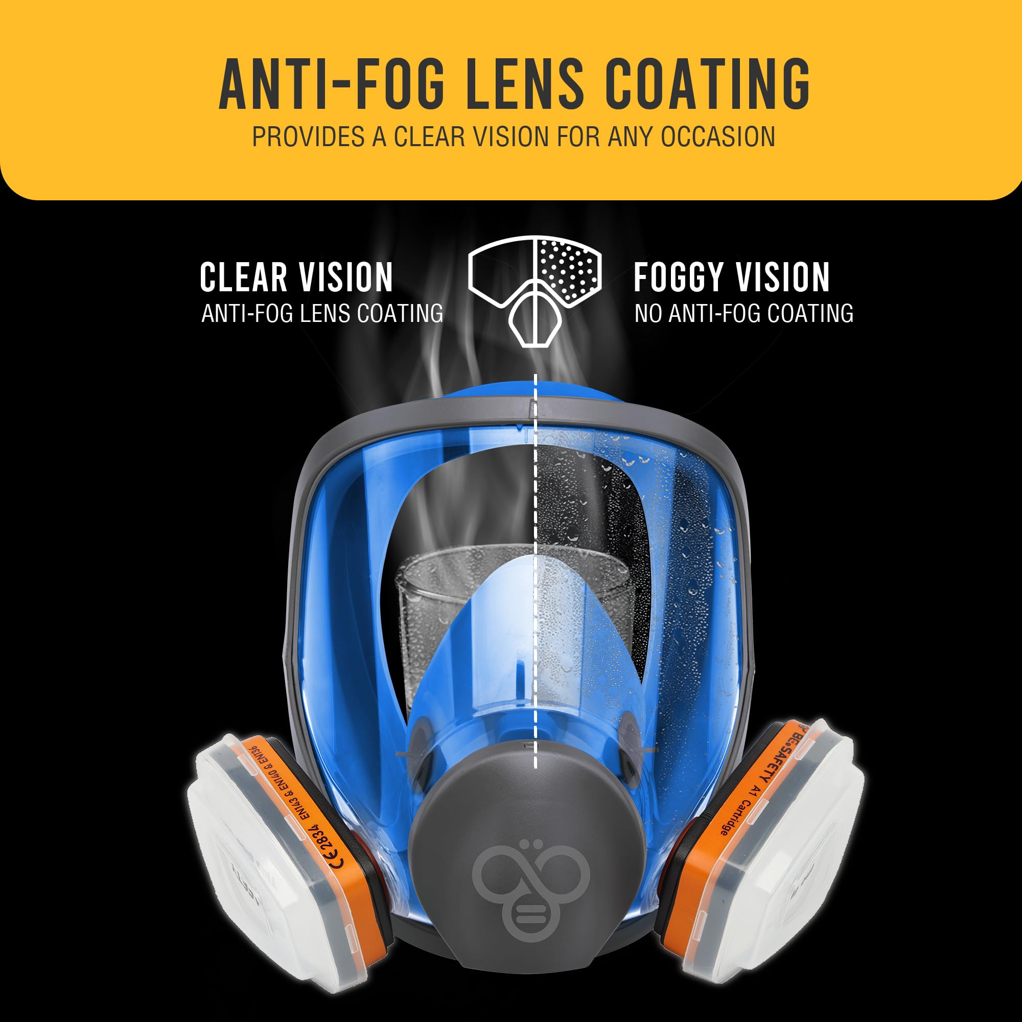 Vollmaske Atemschutzmaske,RF-610 Wiederverwendbarer Full Face Respirator mit 2× A1 Gasfiltern & 8× P2 Staubfiltern, für Lackieren, Schleifen, Sprühen, Chemikalien, Renovierung