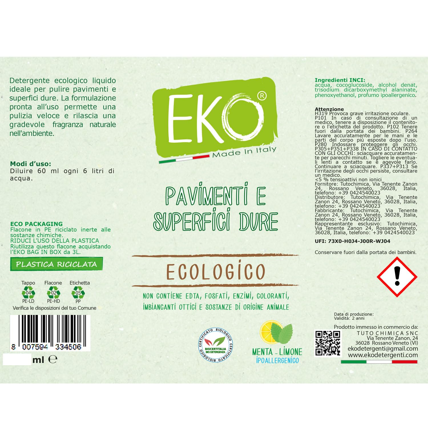 EKO Detersivo Pavimenti Liquido alla Spina 10Kg, Bag in Box - Ecologico, Profumo Ipoallergenico Menta-Limone
