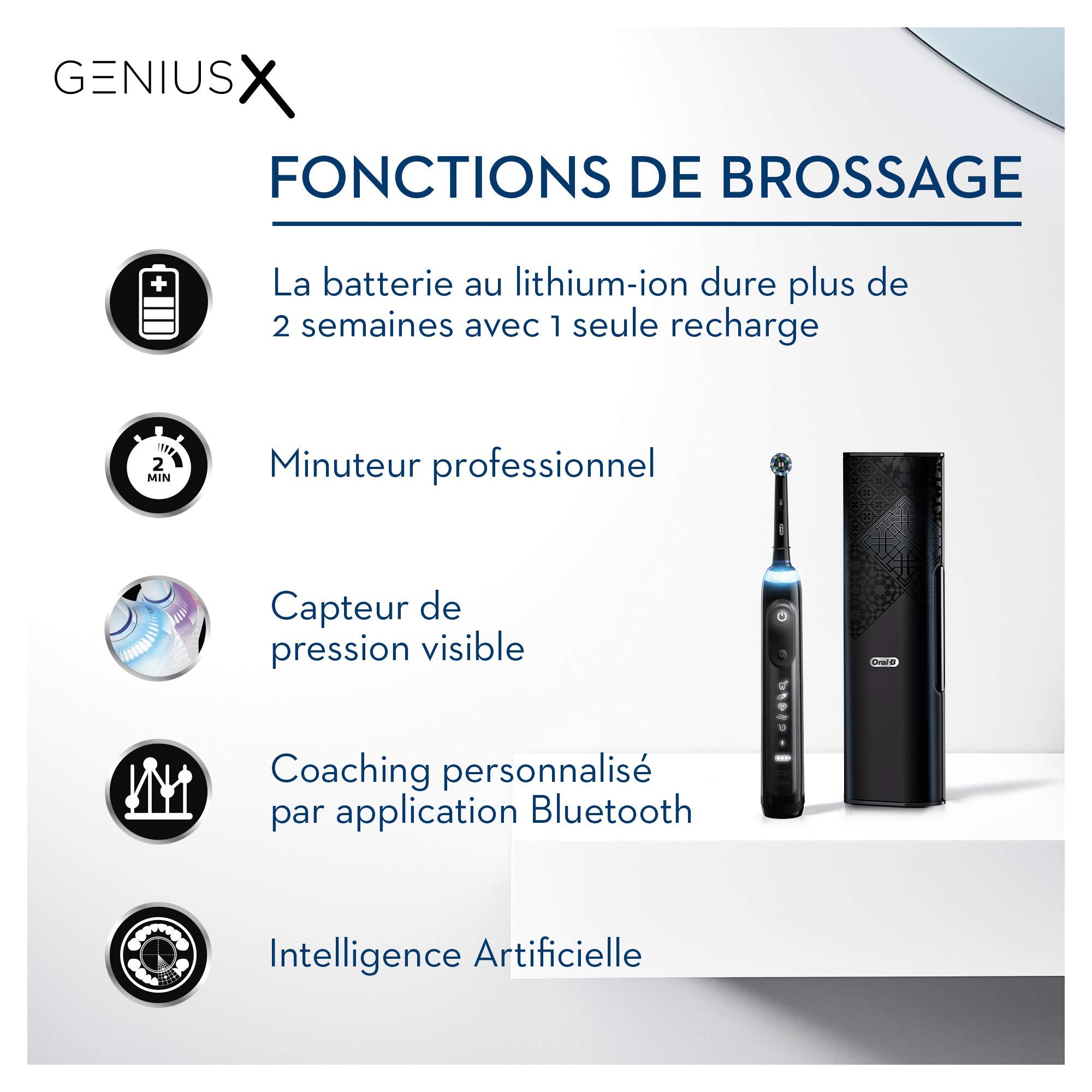 Oral-B Genius X Luxury Brosse à Dents Électrique Rechargeable avec 1 Manche Intelligence Artificielle, Anthracite, 4 Brossettes et 1 Étui de Voyage Premium Offert
