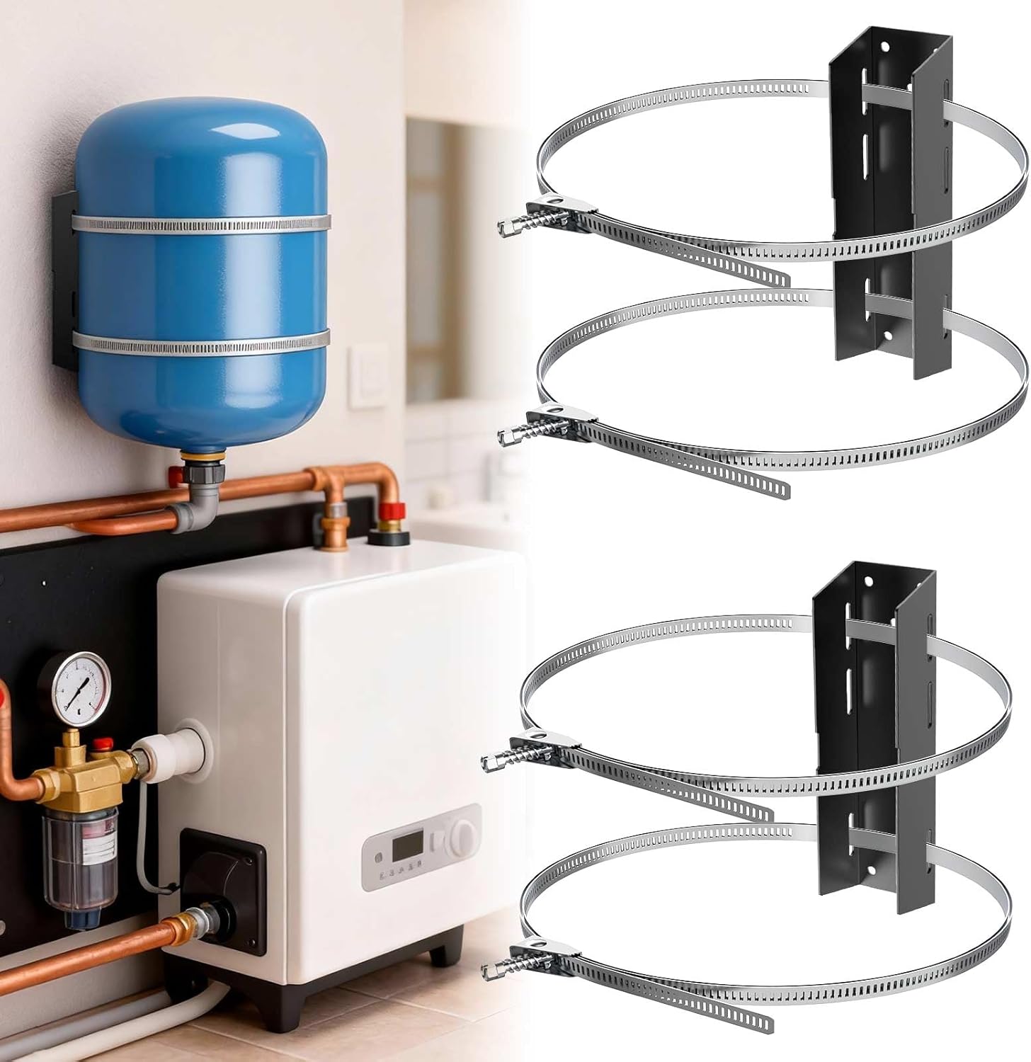 Expansion Tank Mounting Bracket with Earthquake Straps for 1-5 Gal 1 to 5 Gallon Thermal Expansion Tanks, Wall Mount Holder for Hot Water Heater Accessory Up to 13" Diameter, 5lb Propane Tank (2 Pack)