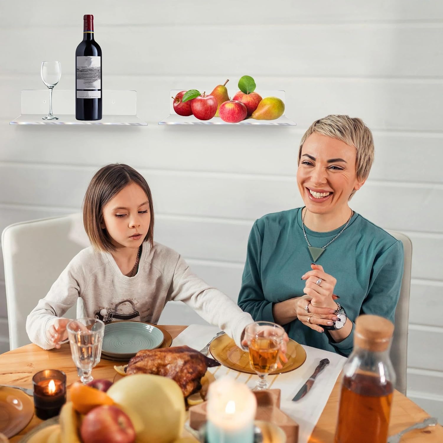 Qunclay 16 Pcs Acrylic Floating Shelves 13.8" Floating Wall Racks, Wall Mounted Display Organizer Book Shelf Nursery Living Room, Bathroom, Bedroom, Kitchen, Office, Clear