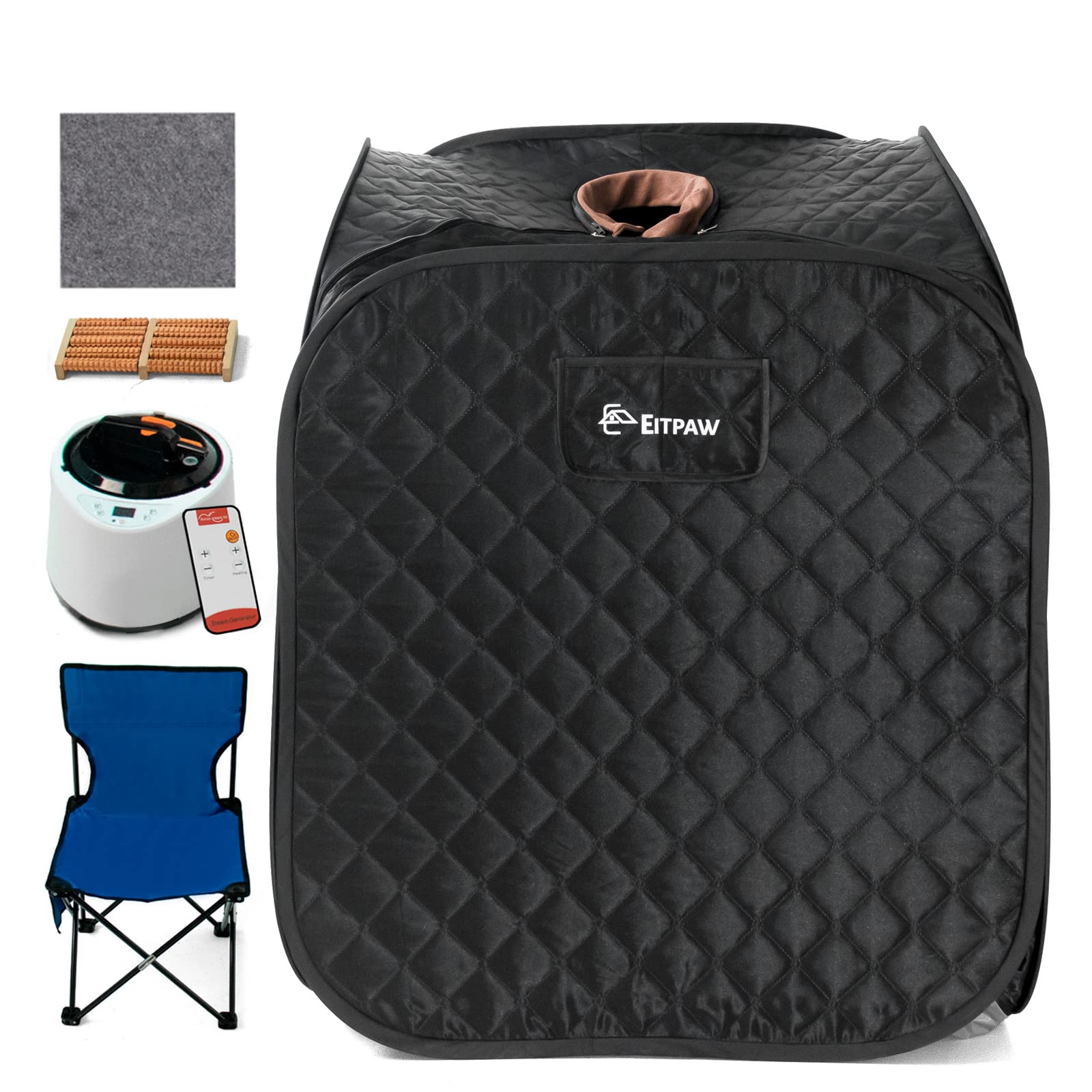 Eitpaw Portable Sauna Tent, Foldable One Person Portable Steam Sauna, Full Body for Home 2.6L 1000W Portable Sauna, Sauna Tent with Steamer, Chair, Remote Control Included, Black&Brown Bib