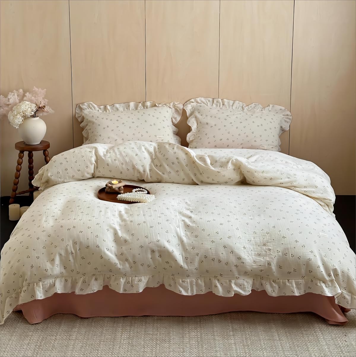 BuLuTu Chic Shabby Vintage Floral Duvet Cover Twin for Kids Girls Boys 100% Cotton Muslin Ruffled Quilt Cover Twin, 68"x86", Primrose Print, Soft