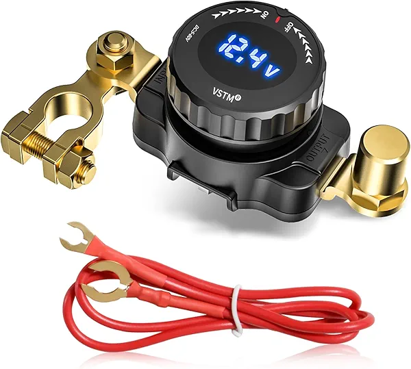 Top Post Battery Disconnect Switch with Voltmeter, 5V-80V Car Battery Disconnect Switch, Negative On/Off Master Isolator Power Cut Shut Off for Car, RV, Boat, Truck, ATV