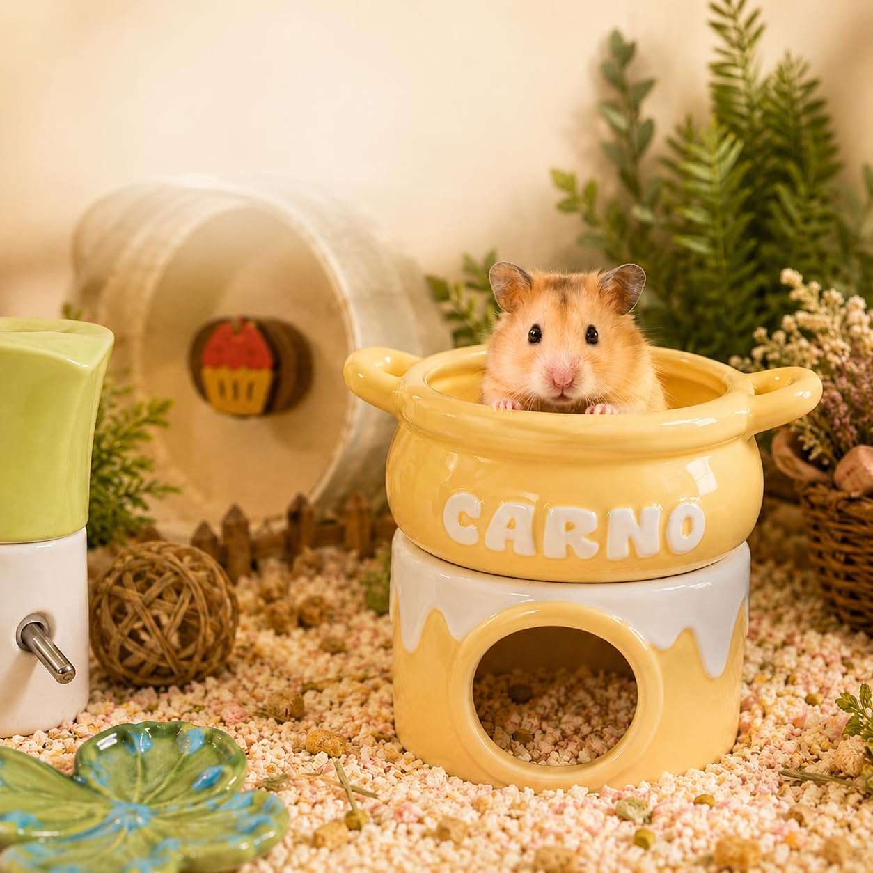 Photo 1 of Meow&Woof Ceramic Hamster Hideout House & Bowl Set, 4-in-1 Natural Cooling Cave, Sand Bath, Food Bowl, Syrian Hamster, Dwarf Hamster, Gerbil, Small Animal, Food-Grade Safe, Easy Clean