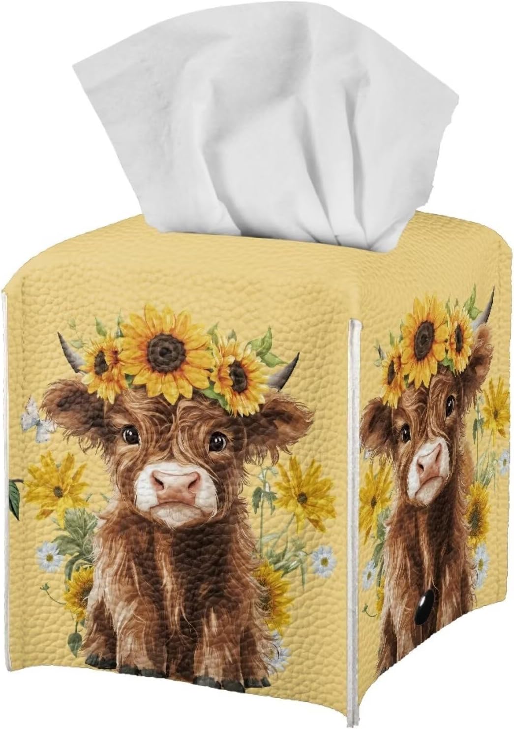 Sunflower Cow Tissue Box Cover Square, Leather Novelty Cube Box Holder Facial Paper Case Modern Table Napkin Organizer Home Decoration Highland Cow Western Yellow image 2