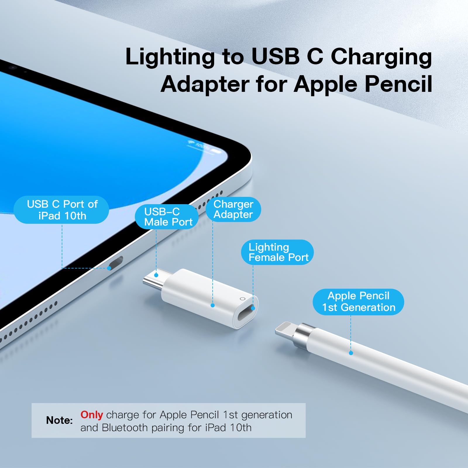 TiMOVO Adattatore da USB C a Lightning per Apple Pencil 1a Gen, Caricatore Bluetooth Bianco