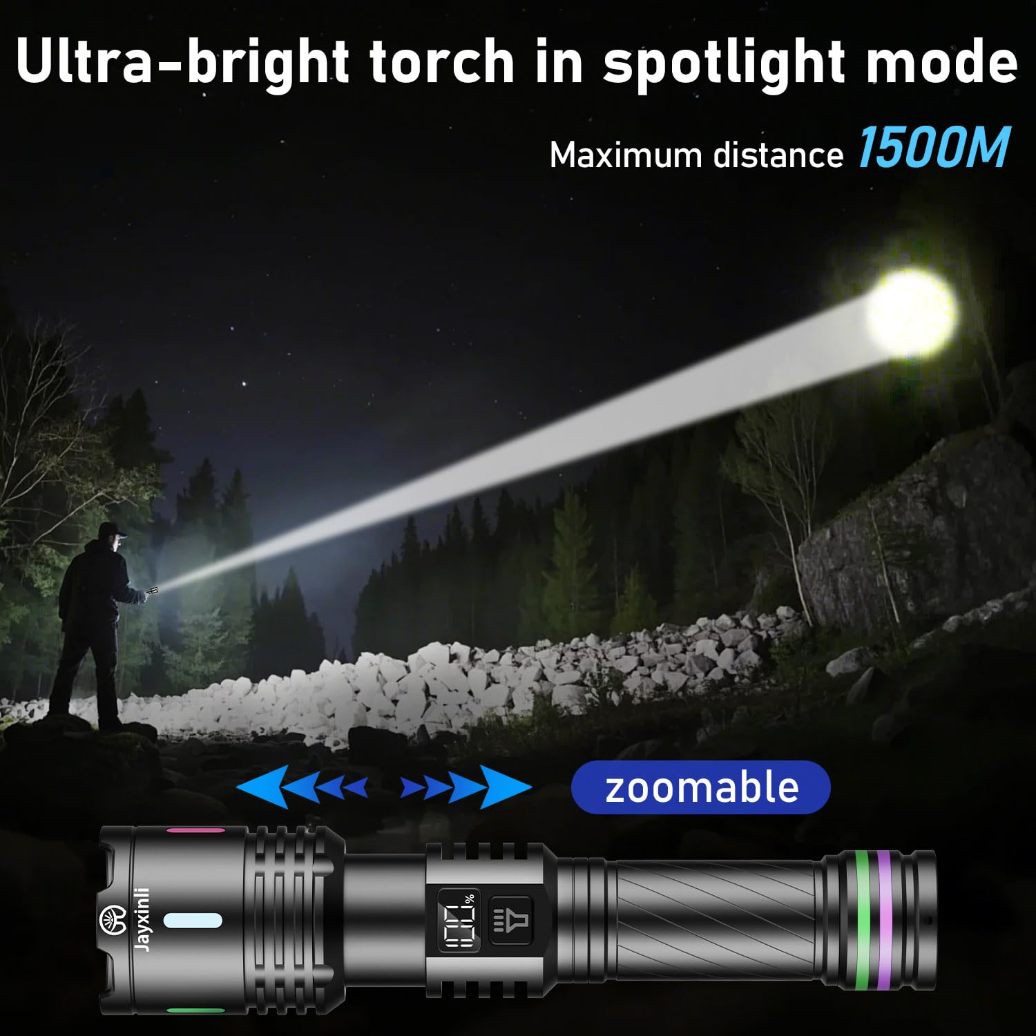 Jayxinli Torches - Torcia tattica a LED super luminosa, ricaricabile, 1000000 lumen, con batteria a lunga durata, per esterni, emergenze, campeggio e altro
