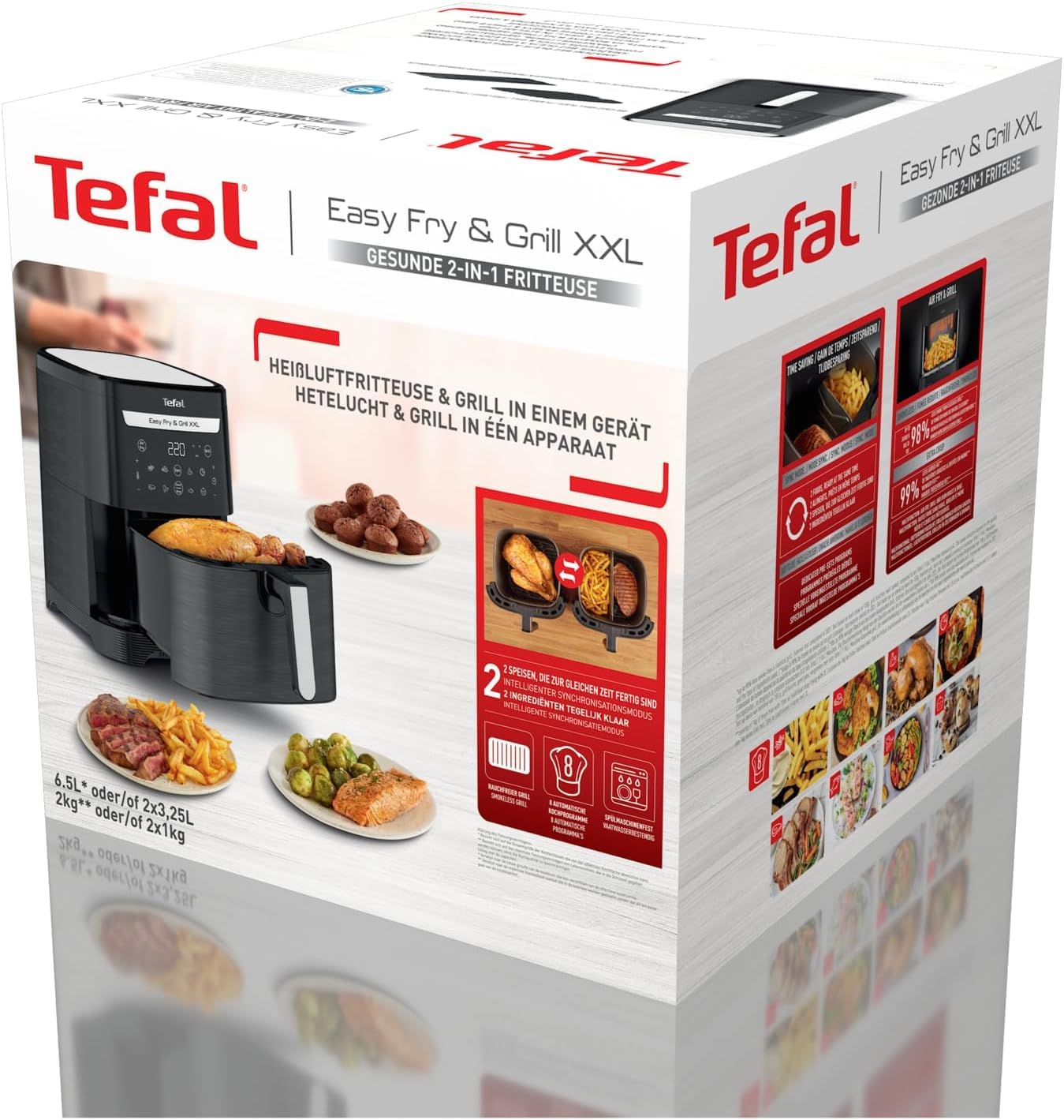 Tefal Easy Fry & Grill XXL Heißluftfritteuse 6,5 L – Airfryer mit Flexcook-Trennwand (XXL oder geteilt), 8 Programme, 80–220 °C, Druckguss-Grillplatte, fettarm frittieren, spülmaschinenfest EY8018