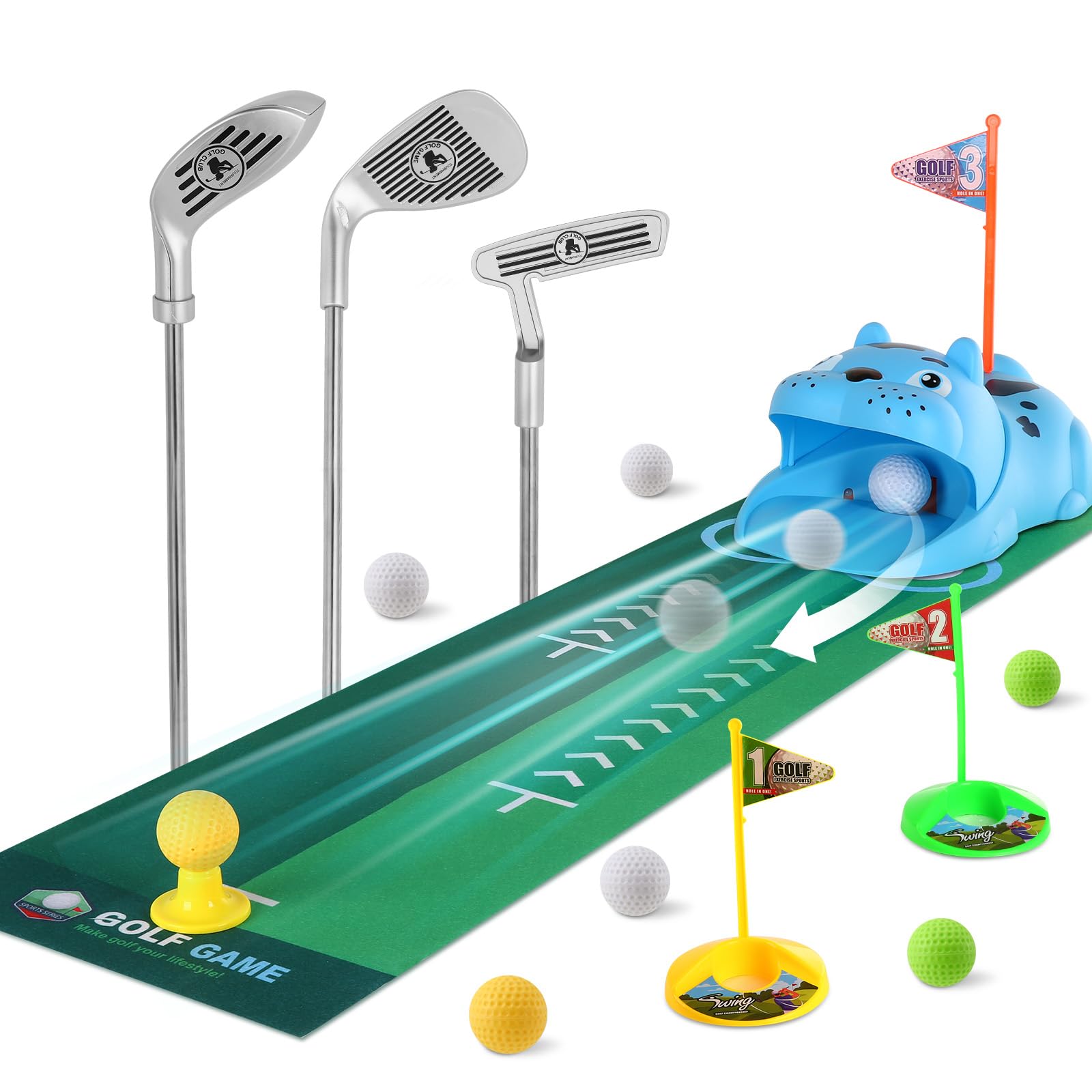 Upgraded Kids Toy Golf Set with Tiger Automatic Golf Returner, 4 Led Glowing Balls, 3 Durable Clubs for 3-7 Toddler Mini Golf Games, Indoor Outdoor Sports Toys for Boys Girls