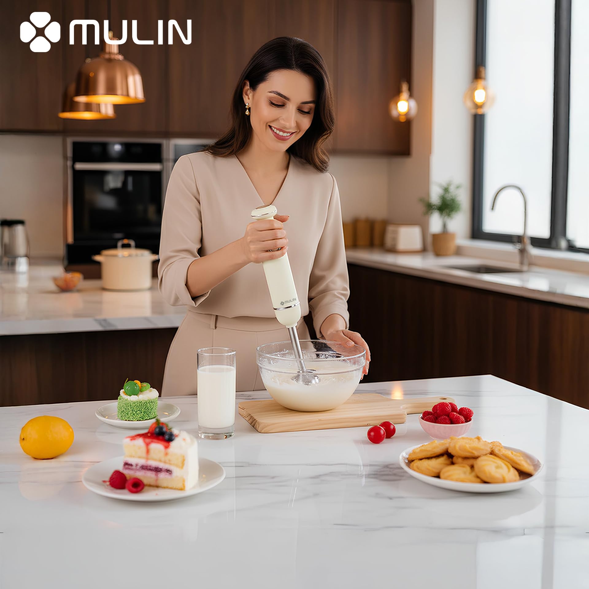 MULIN Frullatore a Immersione 4 in 1, 600W con Velocità Regolabile e Protezione Anti-Schizzo, Include Frusta, Bicchiere e Tritatutto, Ideale per Zuppe, Salse e Frullati in Cucina