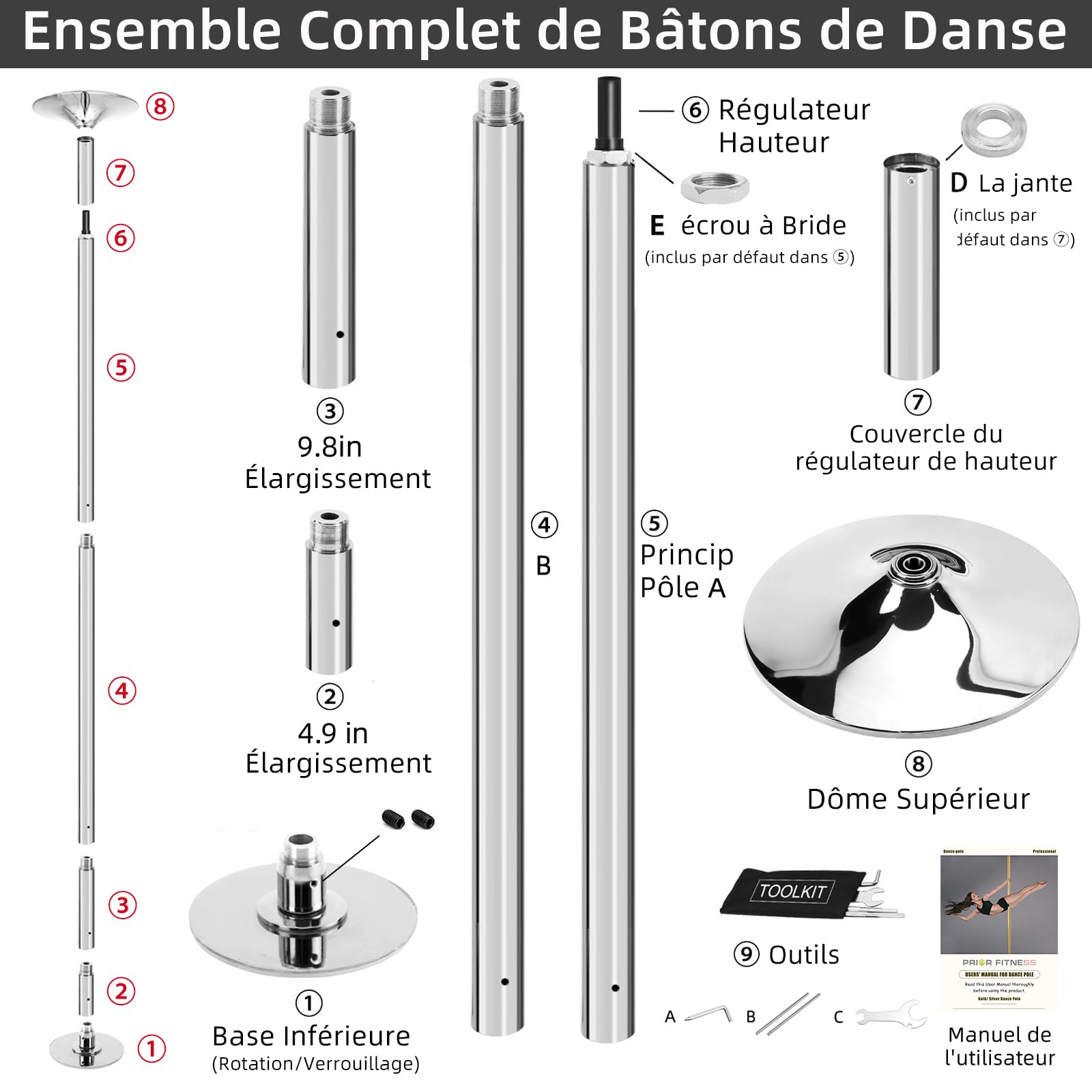PRIOR FITNESS Palo Pole Dance da Casa - Kit Pole Dance-Asta da Ballo da 45 mm da 2,35 a 2,74 m, Regolabile in Aaltezza, 2 modalità: Rotante/Statica, Portata Fino a 200 kg…
