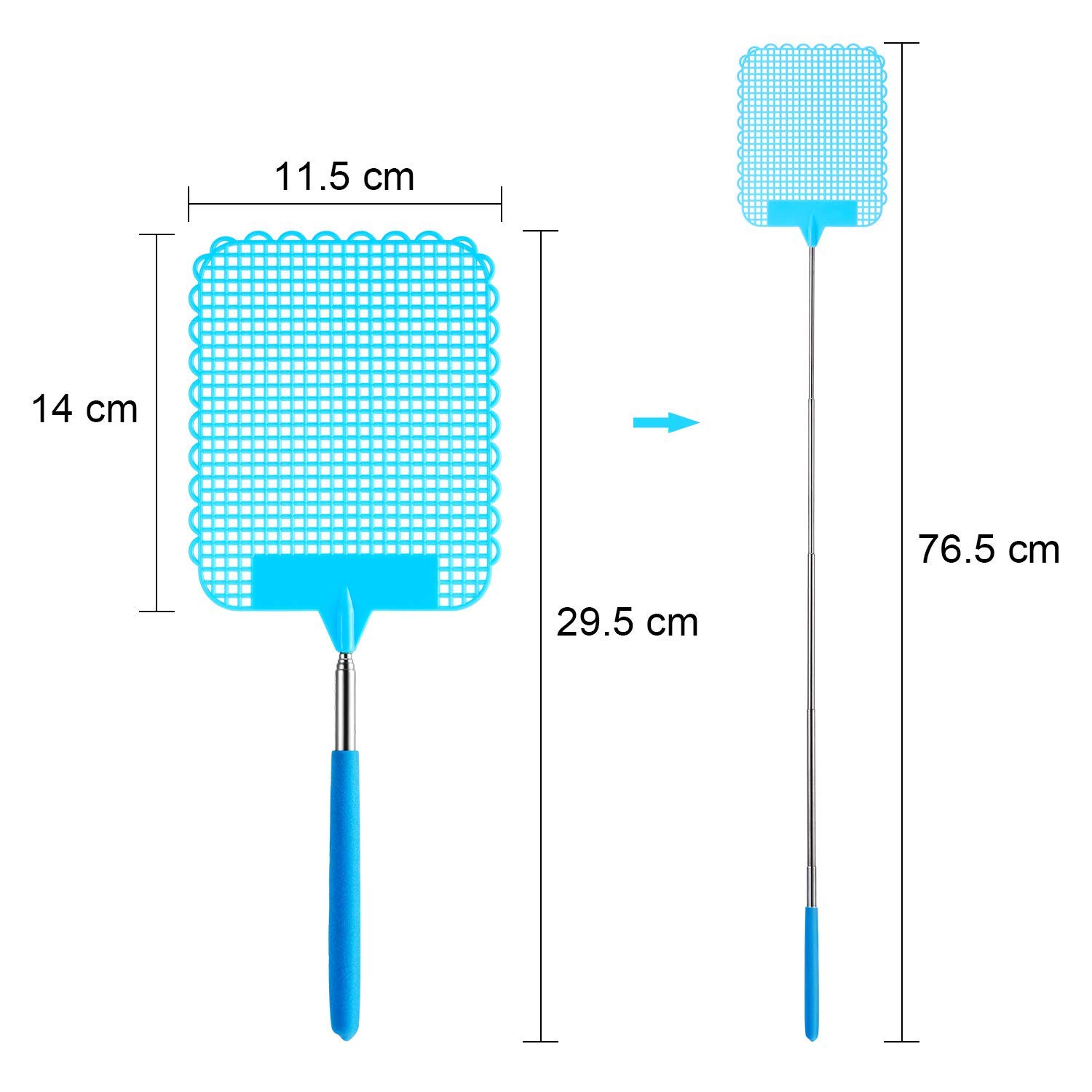 2 Matamoscas Extensibles Con Mango Telescópico - Manual, De Plástico Y Acero, Para Interior Y Exterior (Se Estiran Hasta 73 Cm)