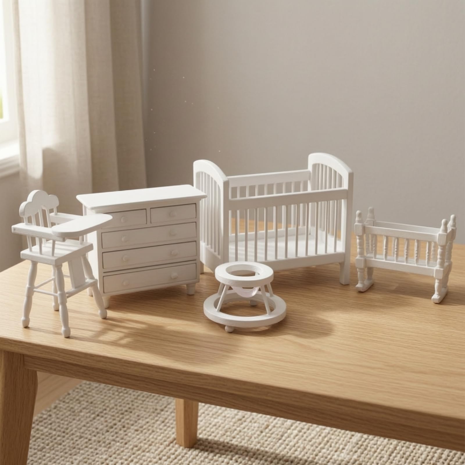 Harilla 5 Piezas de Muebles en Miniatura para Casa de Muñecas con Conjunto de Guardería de Madera Pintada de con Silla para Escena de Habitación