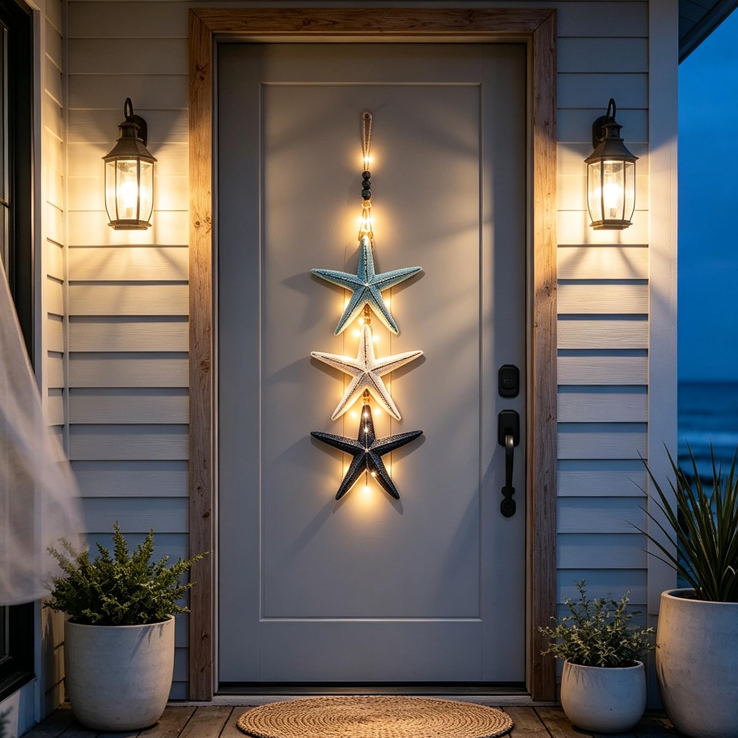 Decorazione costiera illuminata da parete in legno con pesci e stelle