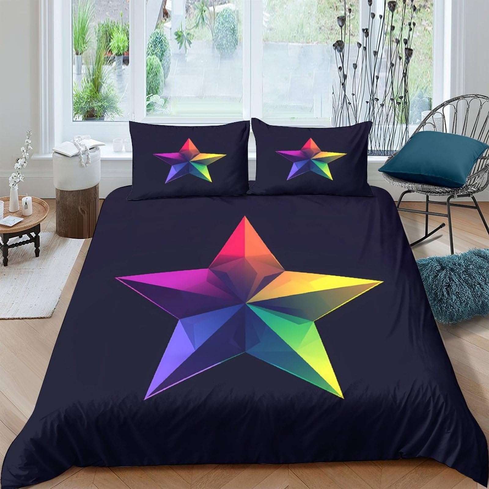 Ctjqhvkz Style-4 3D Printed Rainbow Geometric Star Fitted Sheet Microfiber Soft Mattress Cover For Bedroom Dorm Bed Decor Protection Single（135X200cm）