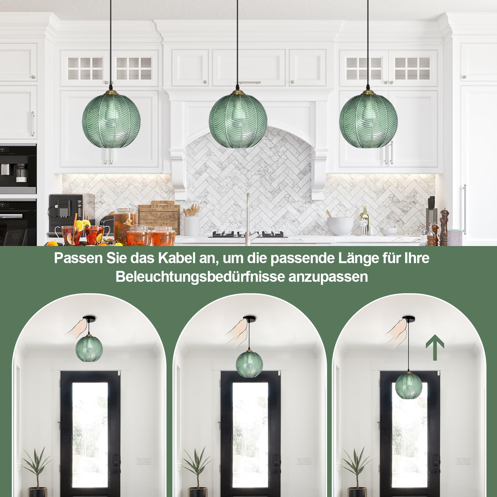 Genérico Lámpara Colte De Tres Brazos con Pantalla De Cristal Verde, Altura Regulable, Pantalla De Cristal Texturizado, Certificación Ul, Apta para Cocina, Comedor Y Sala De Estar (3 Set)