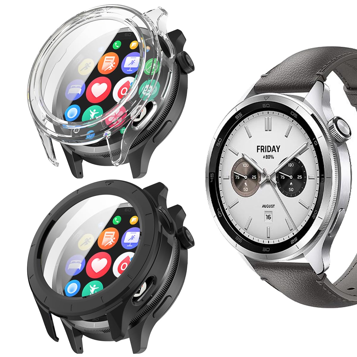 carinacoco 2 Pack PC Case Compatible for Xiaomi Watch S4 With Tempered Glass Screen Protector, Full Coverage Hard PC Shockproof Protective Cover, Black+Transparent