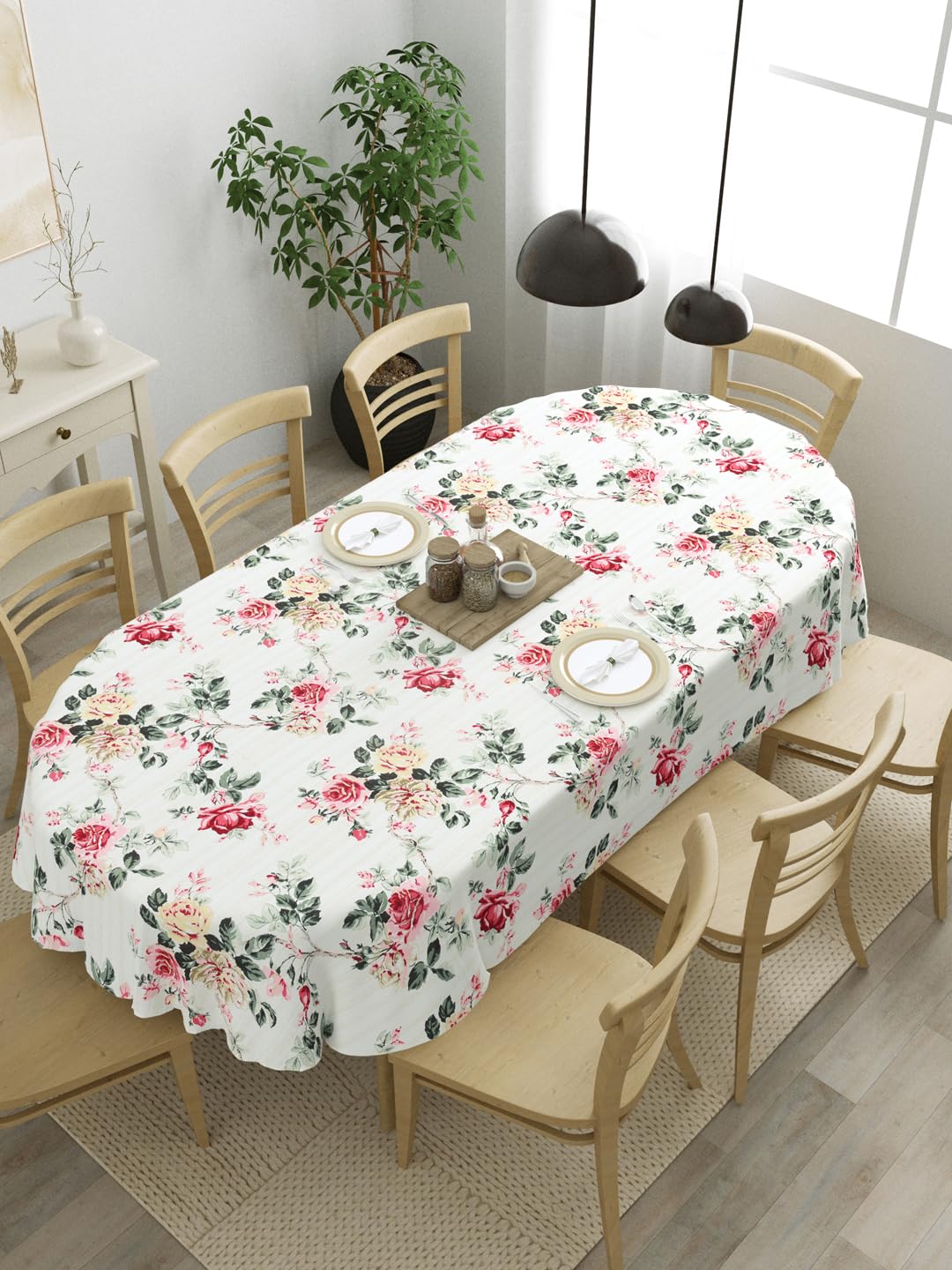 Clasiko 8 Seater Oval Dining Table Cover; 60x108 Inches; Material - Cotton; Floral Nest-image-45
