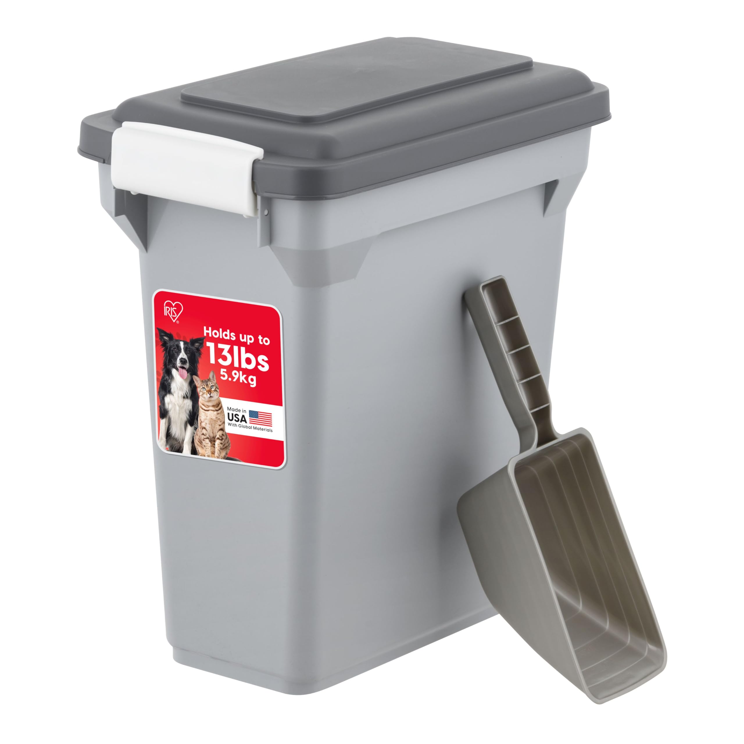 iris usa dog food storage container, airtight lid, 2-cup scoop, up to 13 pounds pet food storage, versatile pet food bin, treats, bpa free, gray/dark gray