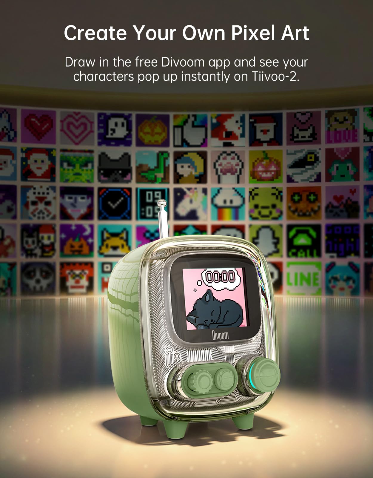 Divoom Tiivoo-2 Głośnik Bluetooth w stylu retro z DIY Pixel Art i radiem FM, uroczy budzik i dekoracja biurka w stylu vintage, prezent świąteczny lub urodzinowy dla dziewcząt, nastolatków, przyjaciół