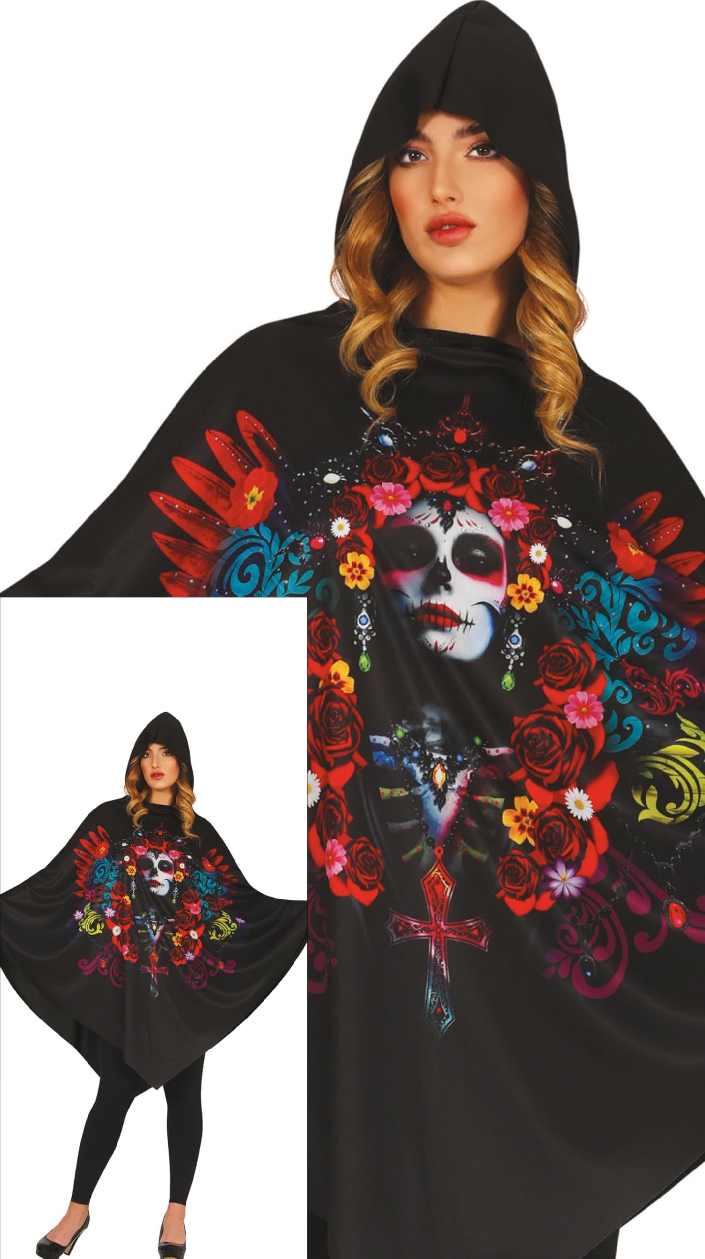 FIESTAS GUIRCA Day of the Dead Poncho Women Fancy Dress Costume - Black Poncho with Sugar Skull Print - Halloween Costumes for Women Size L