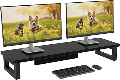 Supporto per doppio monitor, 91 x 26 cm, ripiano per scrivania, doppio supporto per monitor, per laptop, PC, computer, monitor, organizer da scrivania per lavoro, nero
