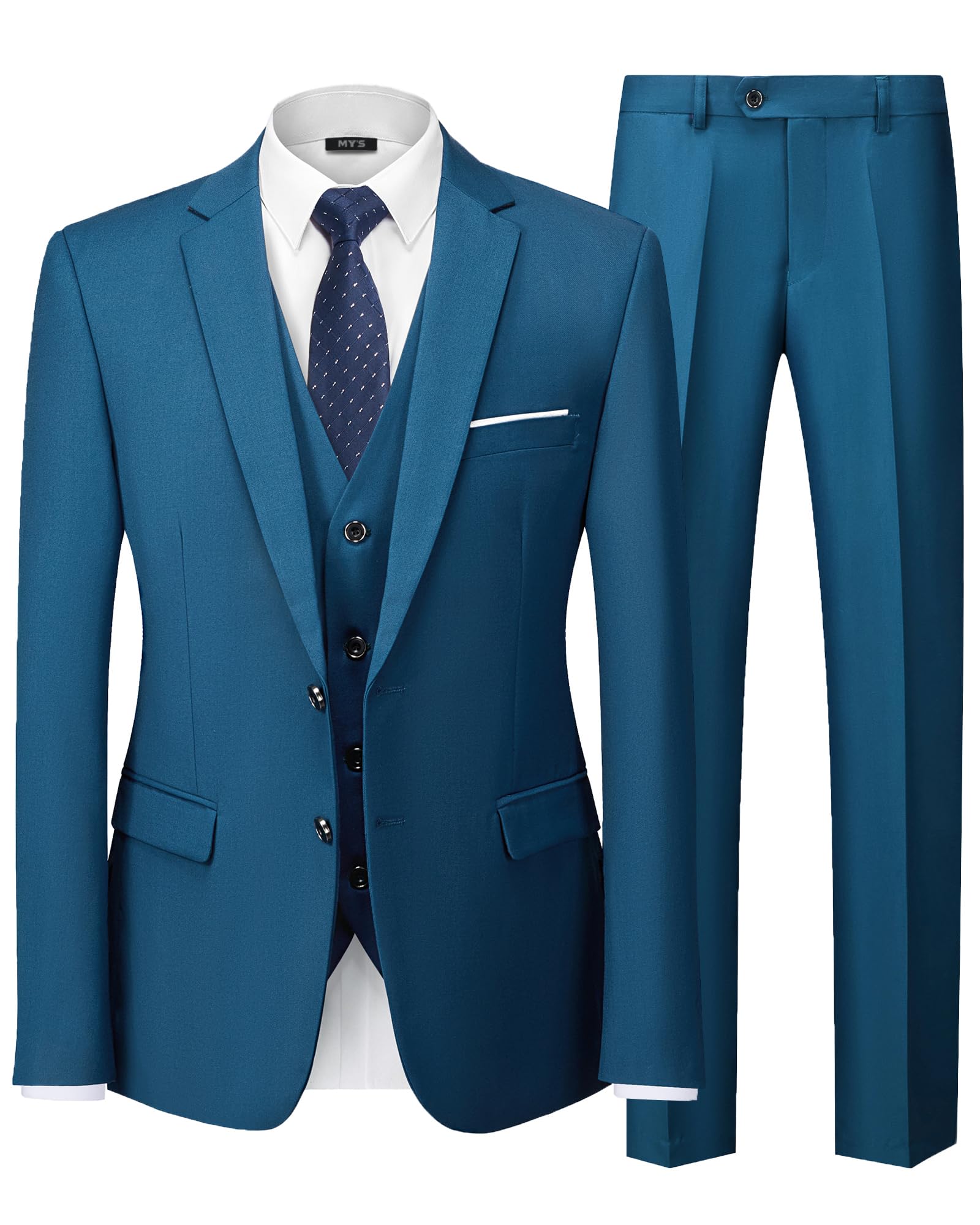 MY'S Men's 3 Piece Slim Fit Suit Set, 2 Button Blazer Jacket Vest Pants with Tie, Solid Wedding Dress Tux and Trousers