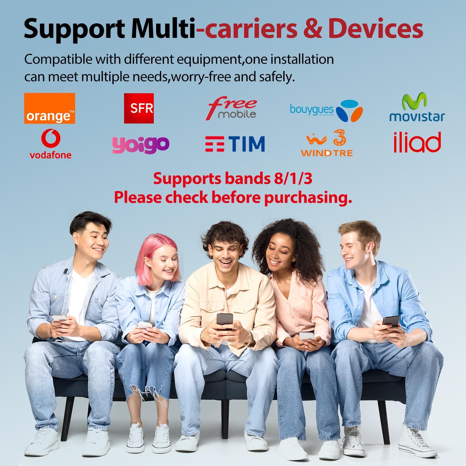 Amplificador de Cobertura Movil Nuevo Diseño Banda 8/3/1 900 1800 2100MHz Amplificador 4G LTE 3G gsm Compatible con Simiyo/Orange/Yoigo/LEBARA Antena de Interior y Amplificador Todo en uno