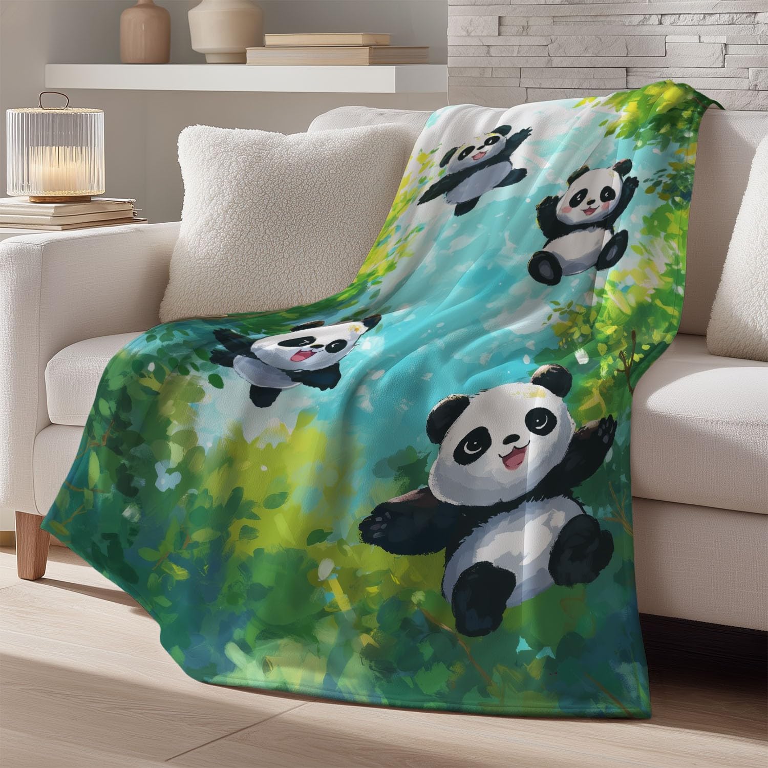 Wielokolorowy, miękki koc flanelowy, spokojna, urocza panda, super ciepły koc polarowy, wysokiej jakości, wygodne runo, na sofę, łóżko i salon, 180 cm x 200 cm