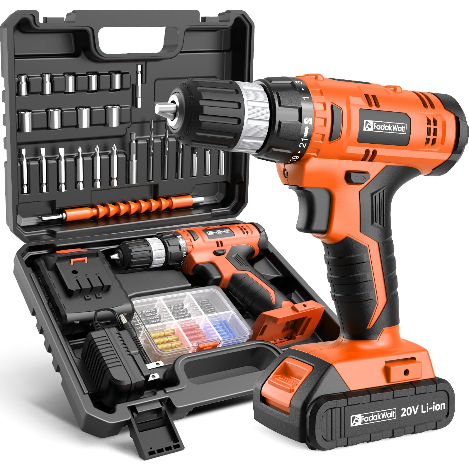 FADAKWALT 20V Cordless Drill Set with case，Powerful Drill bit Sets,Torque 30N,21+1 Torque Setting,3/8” inch Keyless Chuck, 40pcs,Electric Drill with 2.0AH Li-Ion Battery and LED Light.