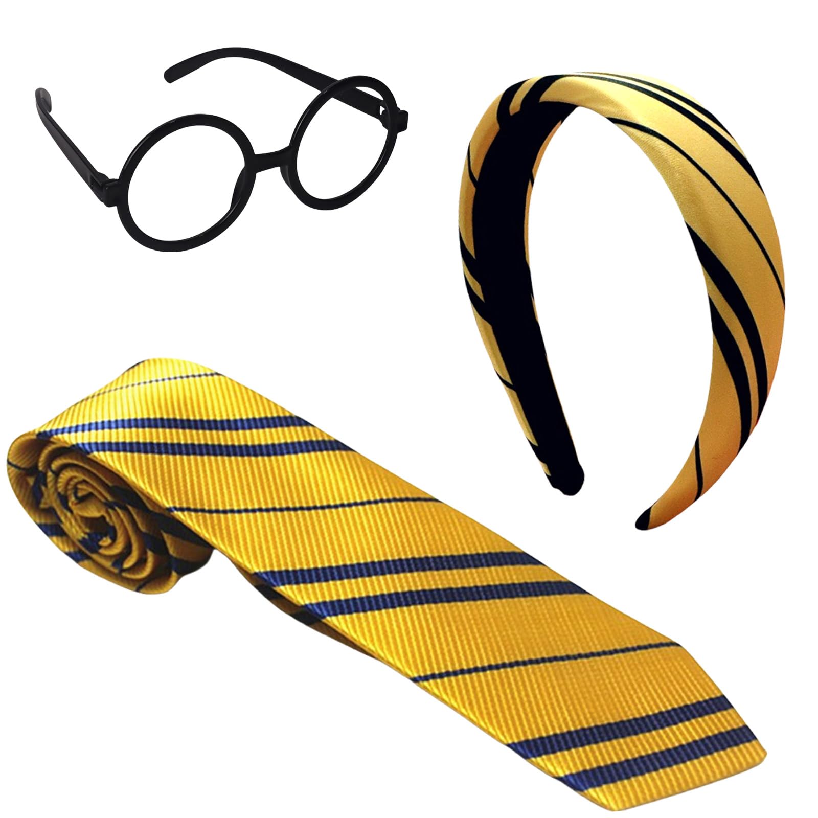 AYNKH 3PCS Wizard Costume Accessory Set, Striped Headband Tie Round Glasses with 4 Color Choose, Different Colleges Faction Dress for Adult Kids Girls Boys, Carnival Halloween Party Cosplay