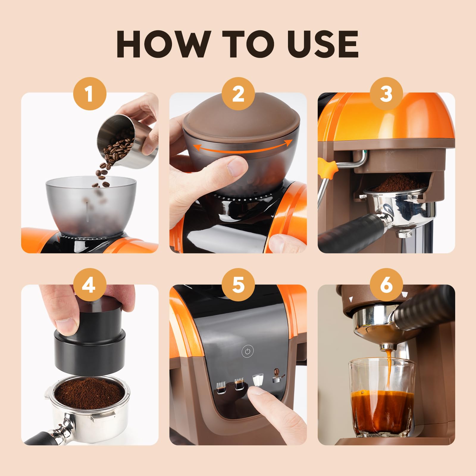 RECAFIMIL19 Bar Espressomaschine mit Bohnenmühle, 2-in-1-Kaffeemaschine, Cappuccino- und Latte-Zubereiter mit Milchaufschäumer, Touchpanel, abnehmbarer Wassertank (Orange)