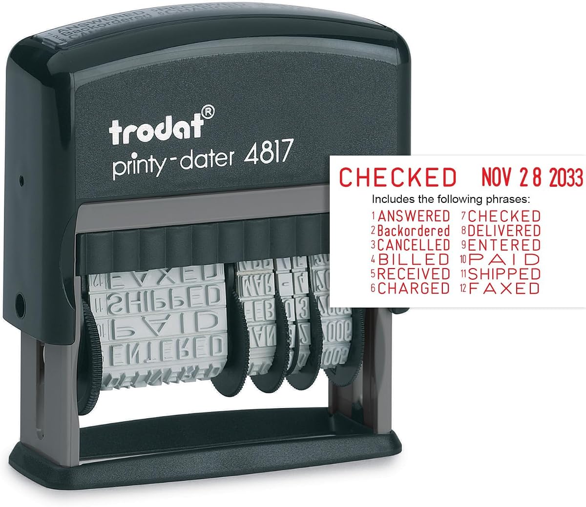 Printy 4817 Economy Dial-A-Phrase, 12 mensajes de oficina populares, mes en letras, día y año en números, sello de fecha de goma, autoentintado (rojo)