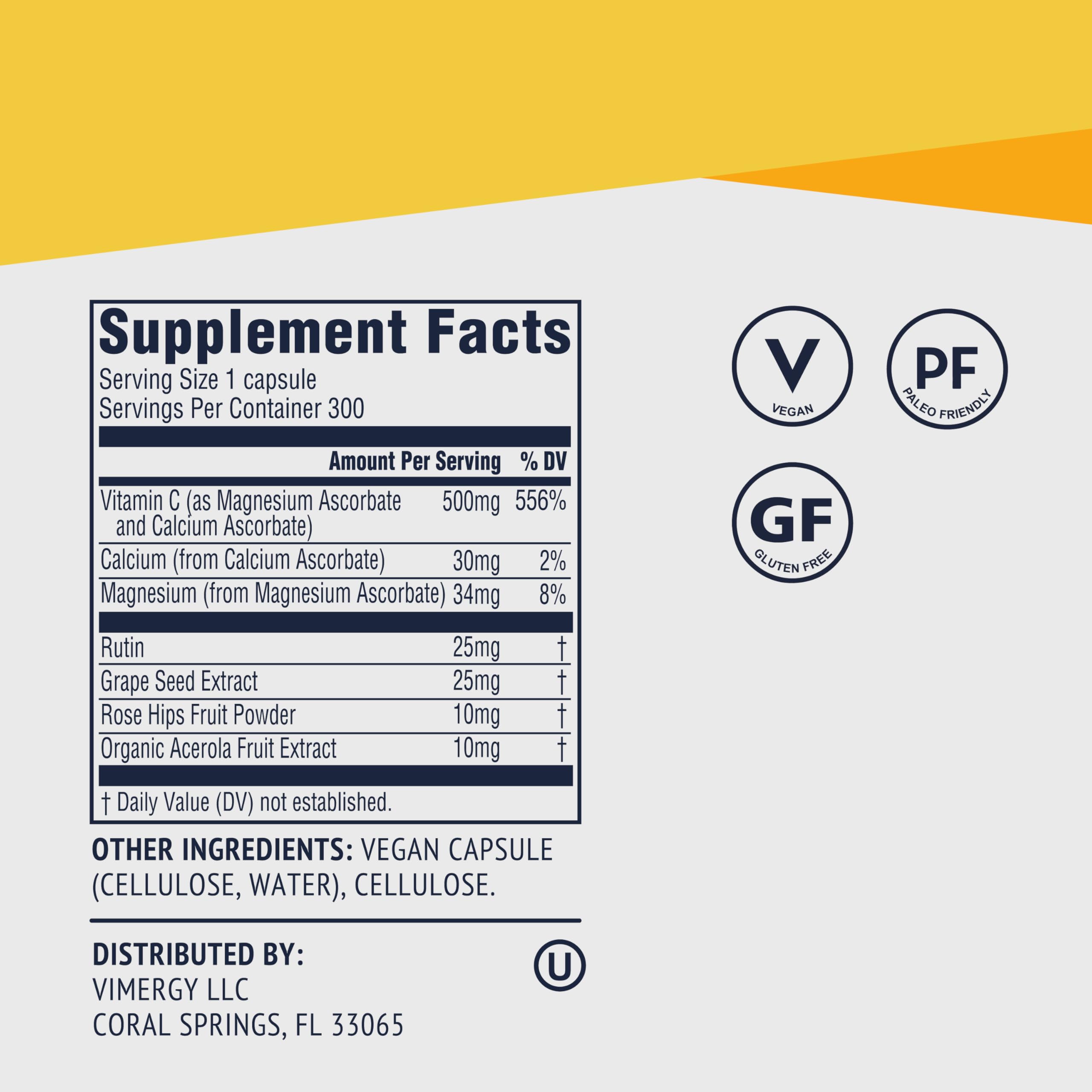 Vimergy Micro-C® Vitamin C Capsules – 500mg per Capsule, Supports Immune Health*, Promotes Collagen Production, Supports Healthy Bones*, Kosher, Vegan & Gluten-Free, Value Size 300 Capsules