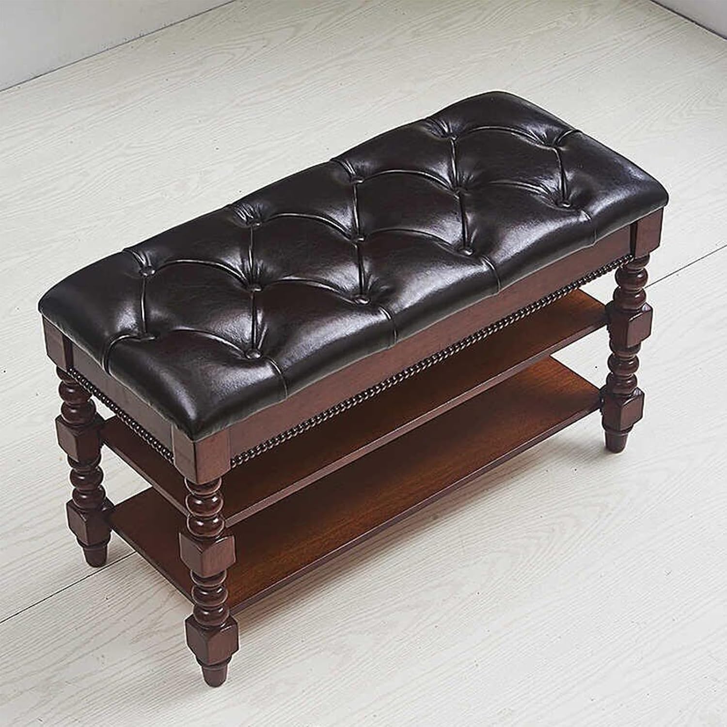 Walnut Shoe Storage Bench, Vintage Upholstered Entryway Bench