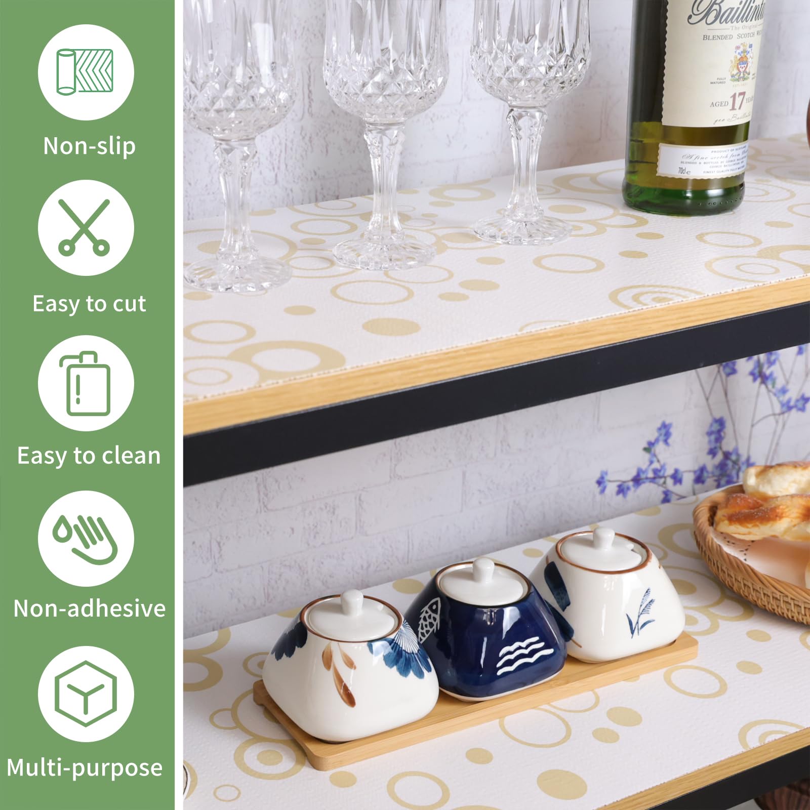 wohomuke Plastic Drawer Lining Material Shelf Liners 51x610cm Strong Grip Non-Slip Shelf Liners for Kitchen cabinets nonstick Lining Drawer Mats PVC Drawer Liner Waterproof (Yellow Circle,51x610cm) - Image 2