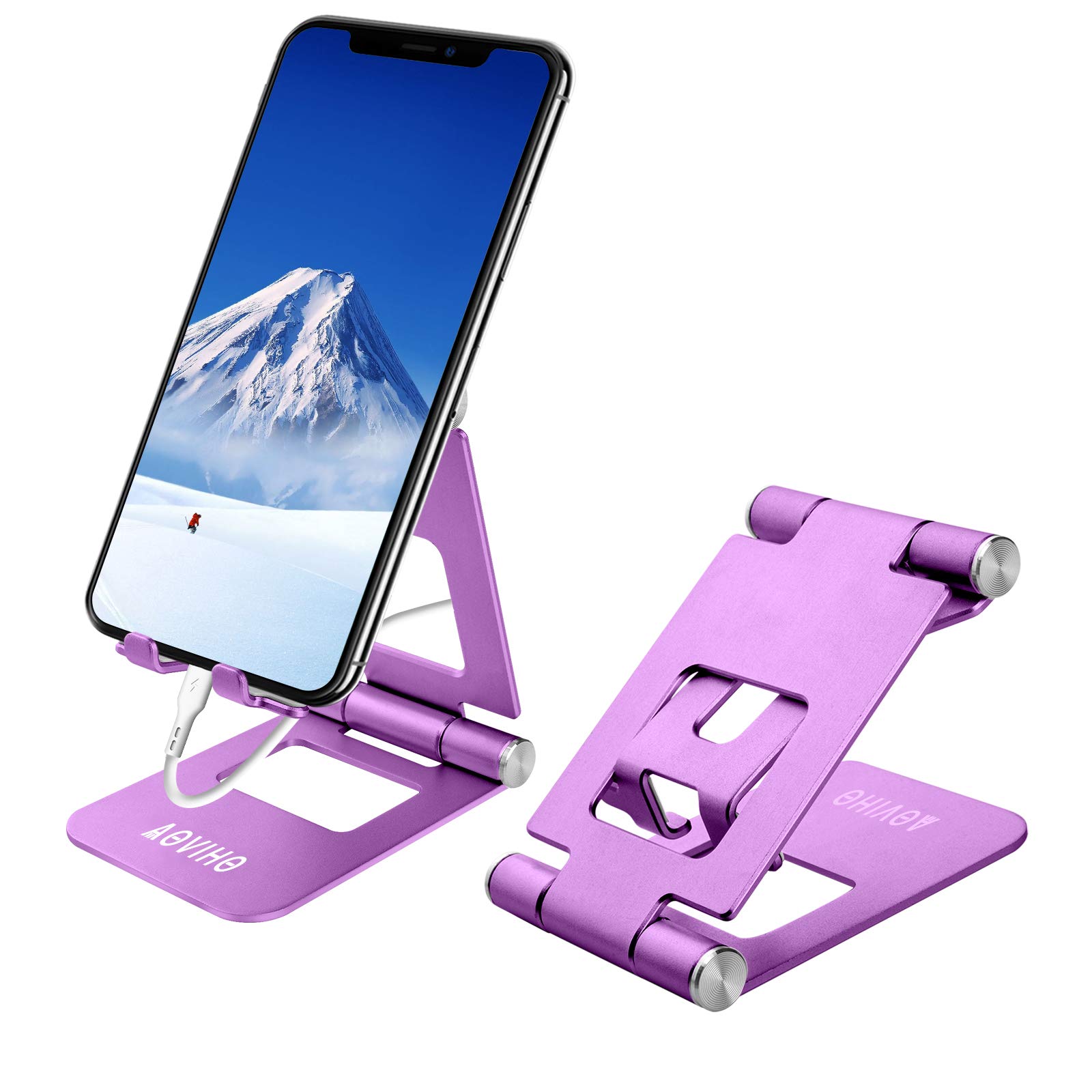 AovihoAdjustable Cell Phone Stand Desktop Phone Holder,Aluminum Portable Phone Stand for iPhone 14 13 12 11 8 7 6 Pro X XR XS Max Mini Huawei (Purple)