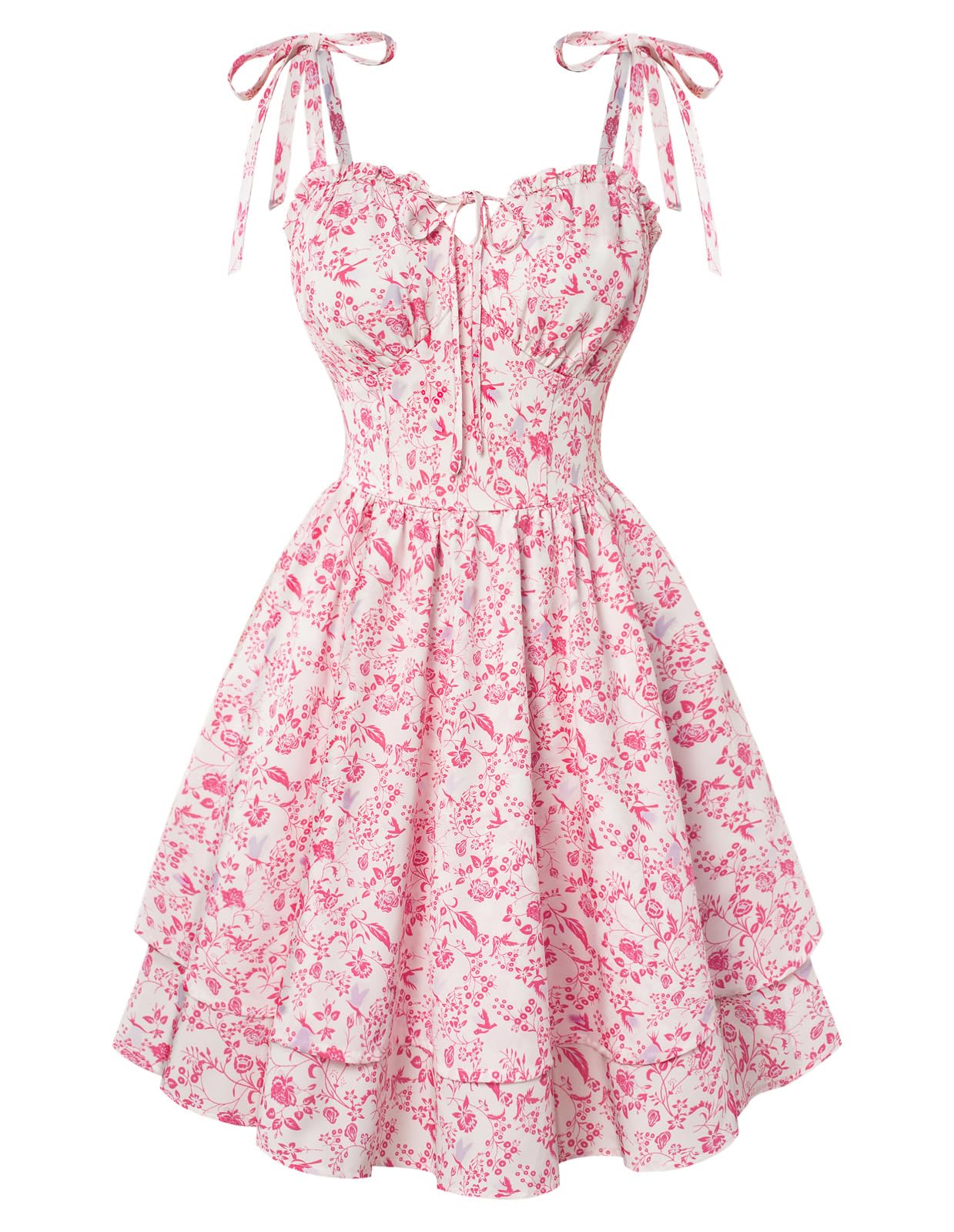 SCARLET DARKNESS Damen Floral Kleid Teens Sommer Verstellbare Krawatte-Schulter Korsett Sundress Tiered Saum Minikleider Weiß-rosa Floral L