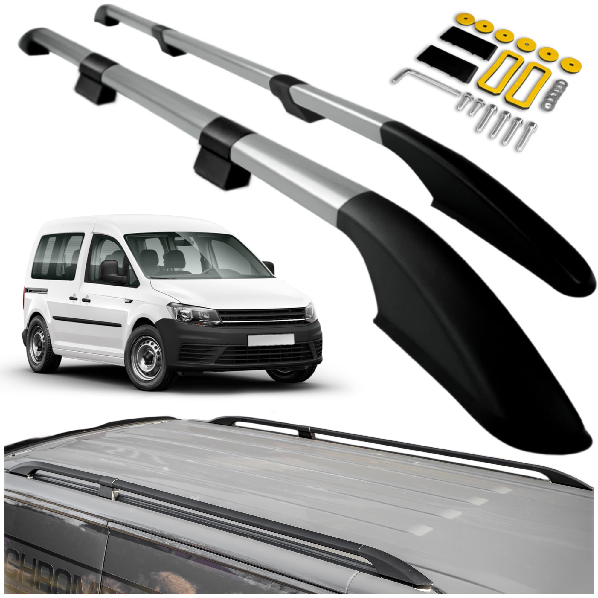 CHROMEMASTER Dachreling Dachträger Kompatibel mit VW Caddy Maxi 2003-2020 | Zur Befestigung der Dachgepäckträger, Dachboxen oder Dachfahrradträger