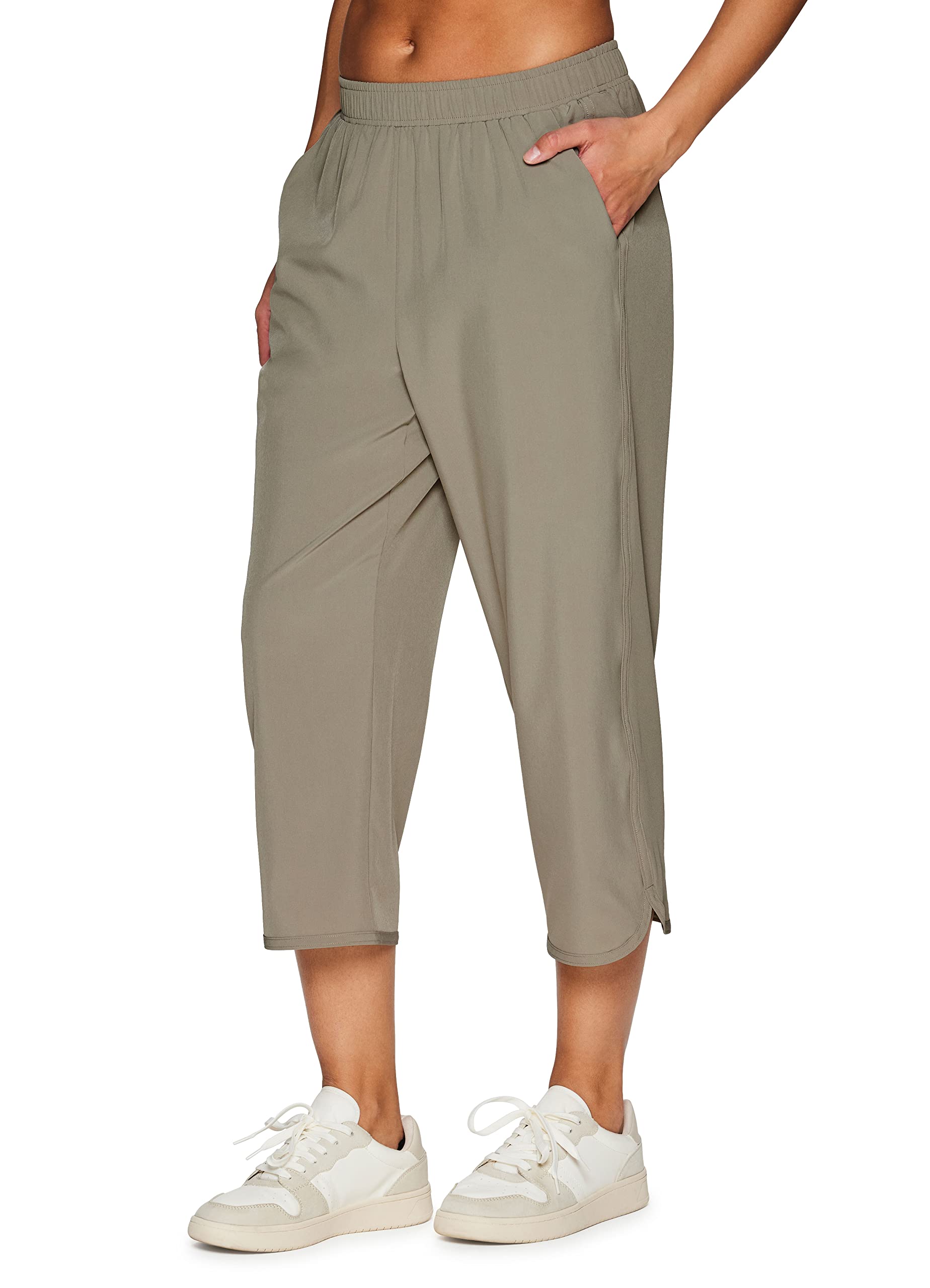 RBXActive Women's Relaxed Fit Lightweight Quick Drying Stretch Woven Pants  with Pockets, Capri Smoke Sage, Small