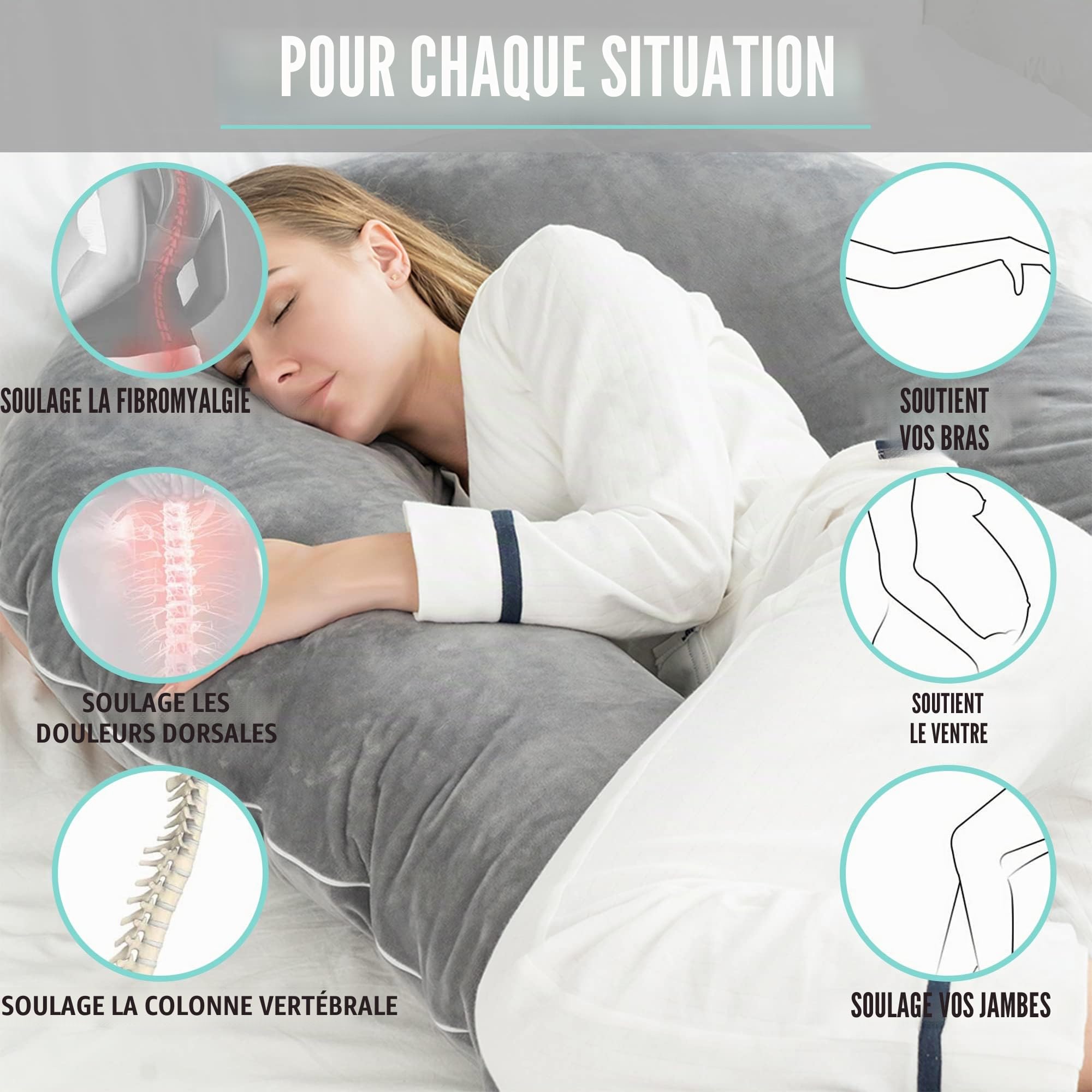 Strex Coussin de maternité XXL - 280cm - Coussin Gros - Housse amovible - Coussin de couchage latéral / oreiller corporel / Coussin nutritionnel