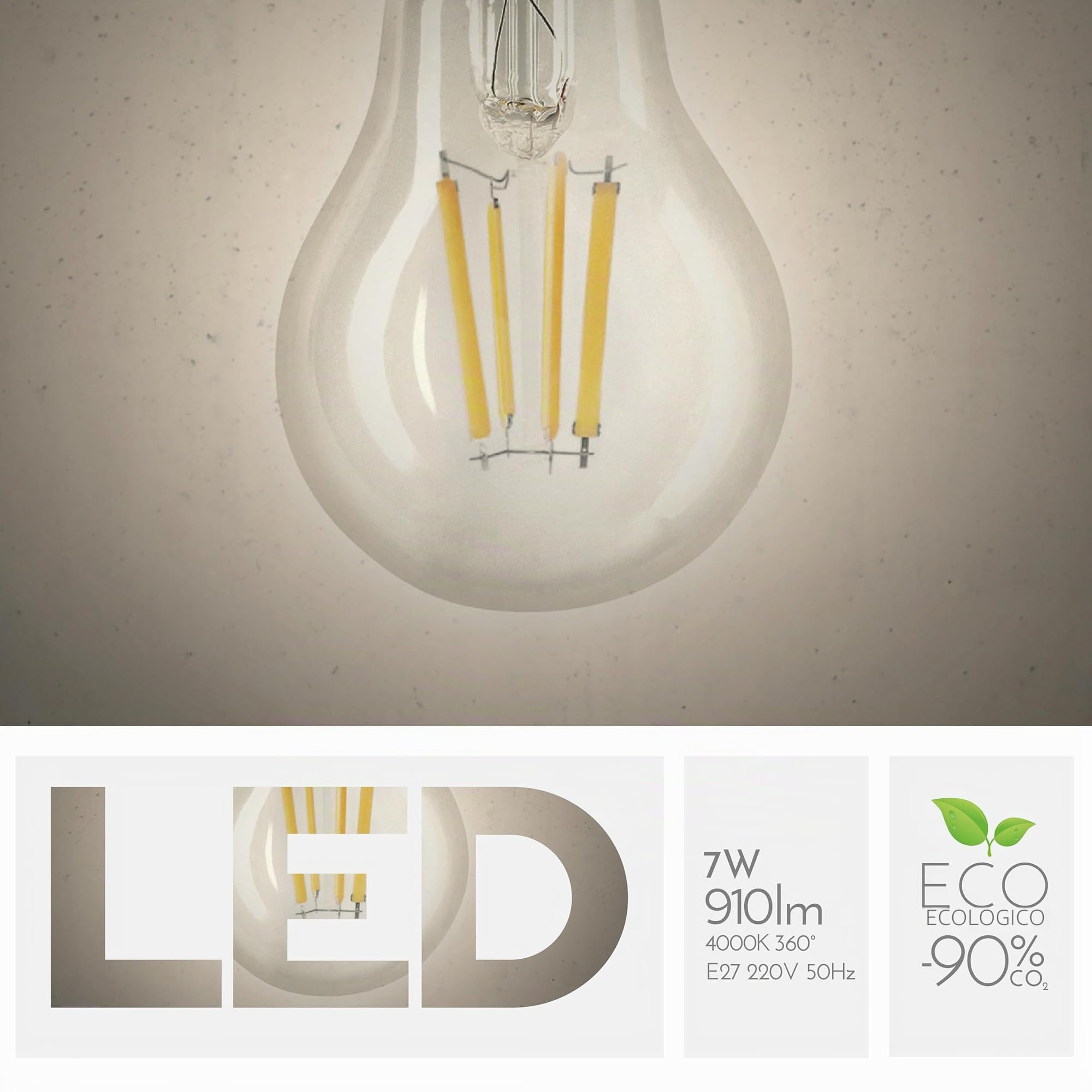 Lampadina Smart Goccia A60 7W, E27, Vetro Trasparente, Sensore Crepuscolare, 4000K Luce Naturale, filamento LED dritto, 806 Lumen, Pack 10 Pezzi