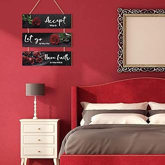 KAIRNE Red Flower Wall Decor Motivational Words Hanging Sign Rose Flowers Inspirational Quotes Wall Plaque for Office Accept Let Go Have Faith Quotes for Girls Women Living Room Bathroom
