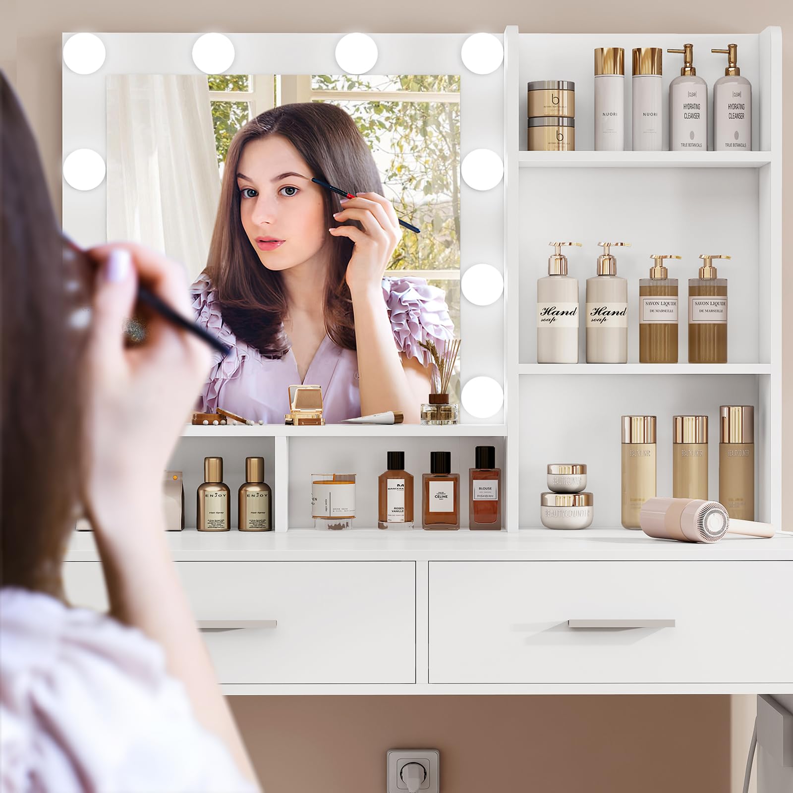 Usikey Tocador de Maquillaje Con Iluminación LED y Enchufe, Mesa Con Espejo, 2 Cajones y 2 Estantes, Estilo Moderno, Vanity Para Dormitorio, Blanco