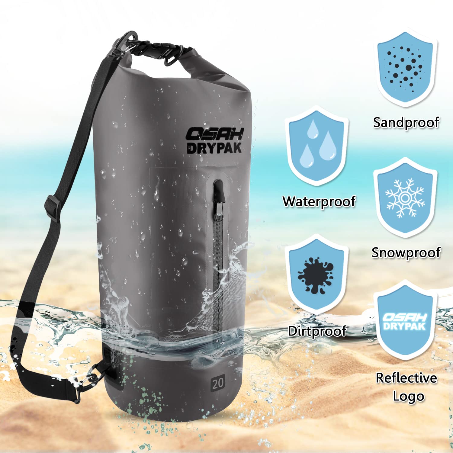 OSAH DRYPAK Borse Impermeabile Sacca Dry Bag 5L 10L 15L 20L 30L con Tracolla Regolabile per Spiaggia Sport d'Acqua Trekking Kayak Canoa Pesca Rafting Nuoto Campeggio