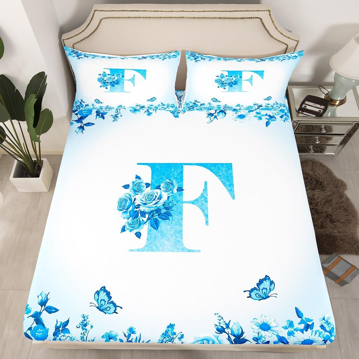 jejeloiu Blue Letter Flowers Bed Sheets Set Twin Size for Kids Teens Girls Woman Personalized Initial M Fitted Sheet Monogrammed Bedding Set Floral Rose Butterfly Bed Cover Room Decor Modern Fashion