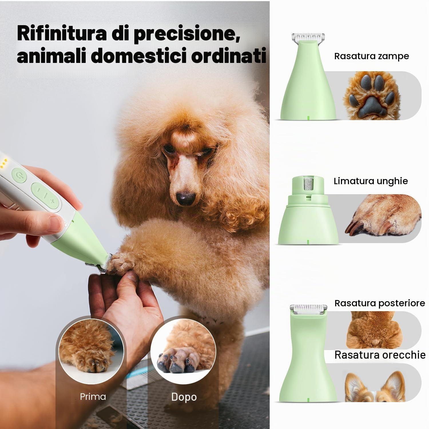 Tosatrice per Cani 4-in-1 Professionale per Cani con Pelo Folto, Ricaricabile e Silenziosa, con Custodia, Set di 1 spazzole per la cura del pelo